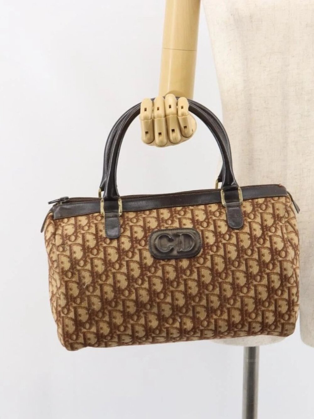 Christian Dior Trotter Canvas Hand Bag Brown Gold Auth bs31749